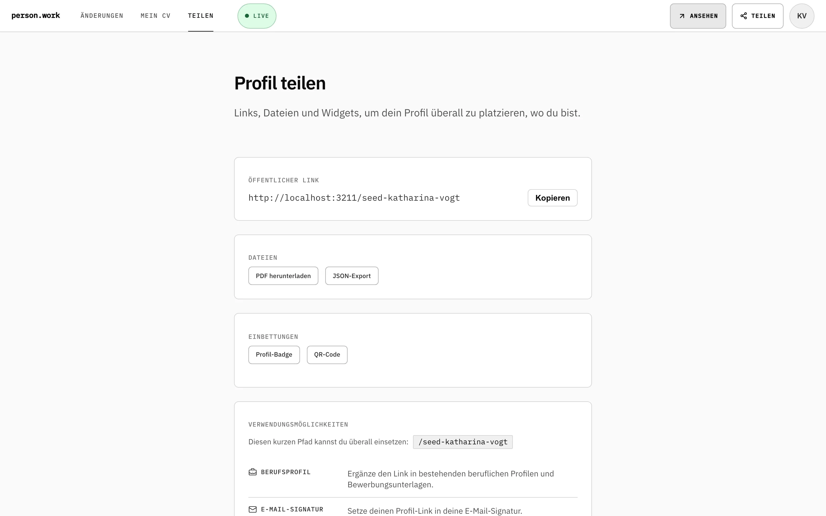 Teilen: öffentlicher Link, PDF, JSON-Export, Profil-Badge und QR-Code.